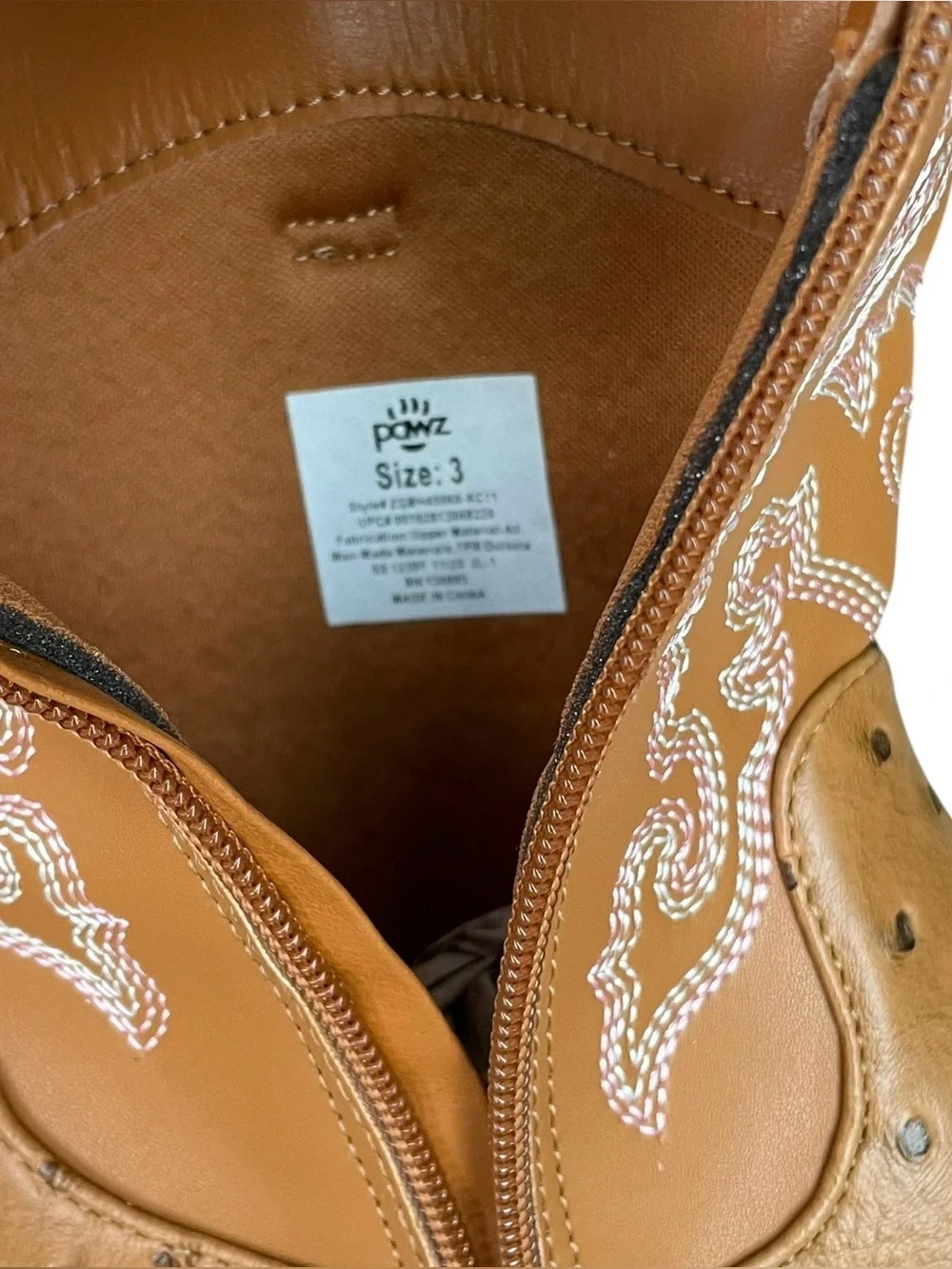 PAWZ Cognac Brown Western Boots Faux Leather and Ostrich Little Girl Size 3